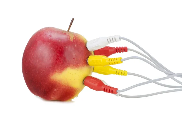 Rote Apfelverbindung Auf Video Datennetzwerk Isoliert Auf Weiß Symbiose Aus — Stockfoto
