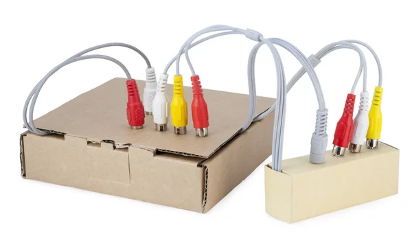 Cardboard Industrial Boxes Video Digital Connectors Exchange Ideas Concept Isolated — Stock Photo, Image