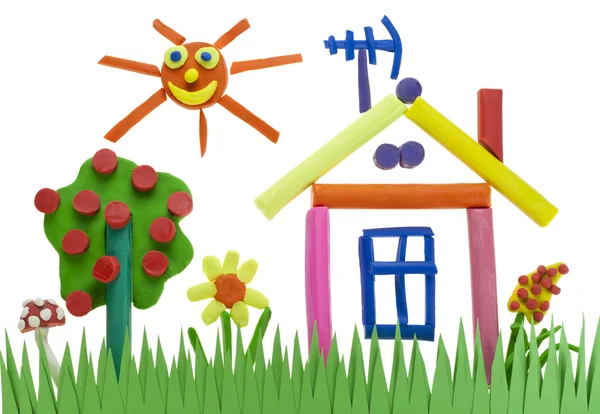 Applicazione Bambini Collage Plastilina Concetto Accogliente Bella Casa — Foto Stock