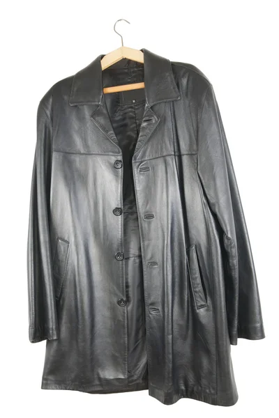 Long Black Leather Raincoat Mass Production Isolated White — Stock Photo, Image