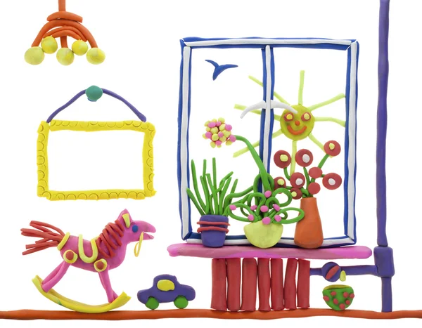 Dětská Koláž Plastelíny Okno Květiny Hračky Izolované Bílém — Stock fotografie