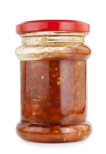 Glass Jar Filled Burning Hot Chile Sauce Isolated White Patch — Stock Photo, Image