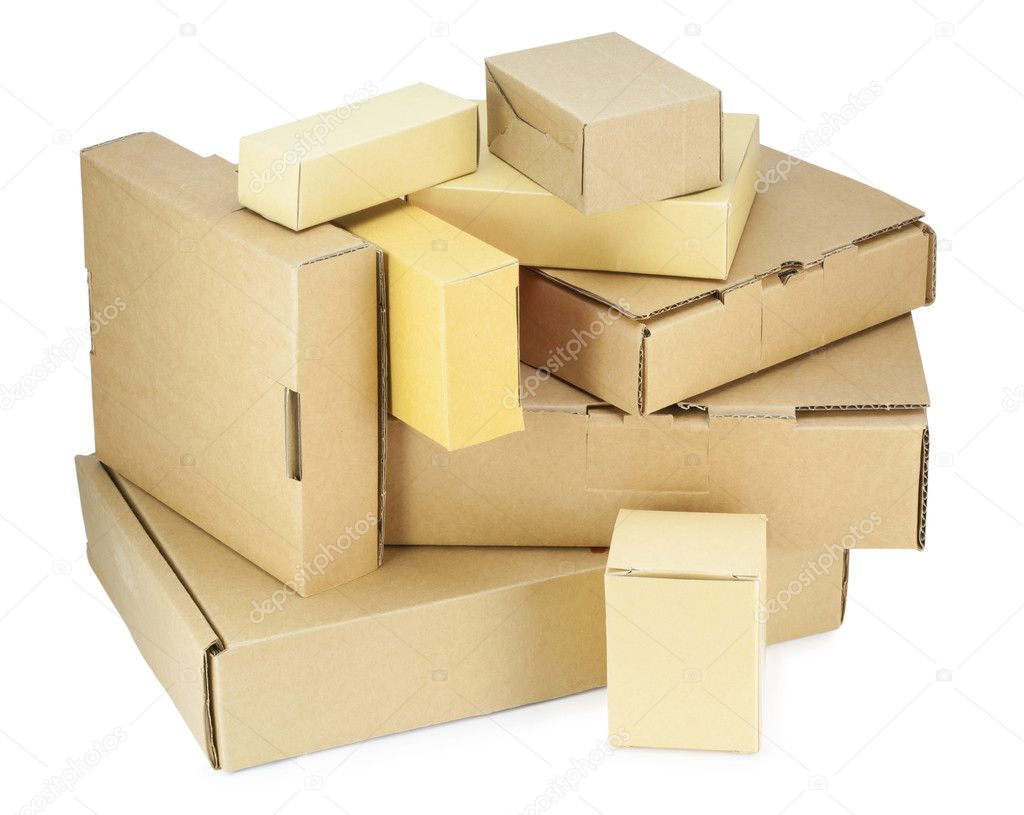 Simple closed cardboard boxes kit for industrial packing of spare parts isolated on white. With patch
