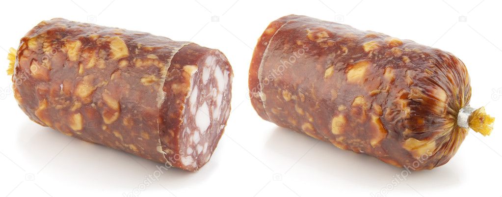 Sausage of the Salami - a kind from a head and from a tail. Isolated on white