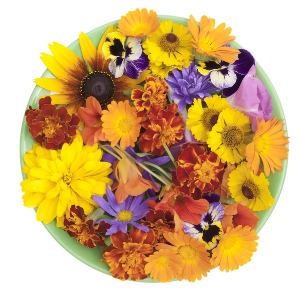 Green plate and orange flowers — Stock Photo, Image