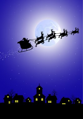 Santa sleigh flying over city clipart