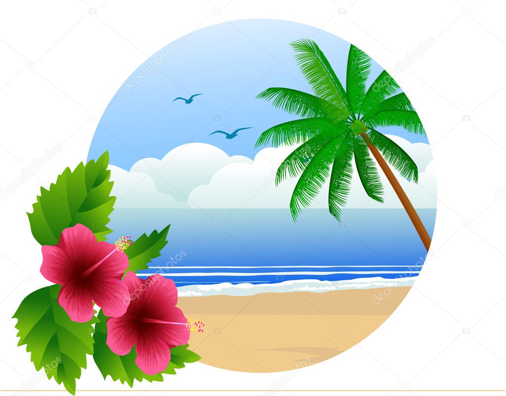 Beautiful Banner with Palm Leaves, Beach Ball, Flip-flops, Surf Board,  Sunglasses, Sand Texture, Sea. Summer, Travel, Journey - Illustration  Vector #1791914 | iPHOTOS.com