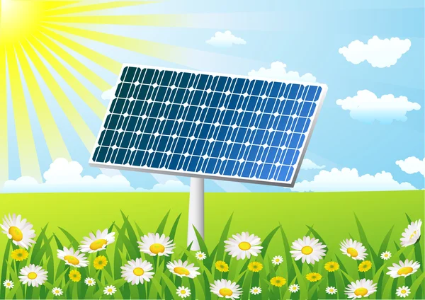 Solar cell in the green field background — Stock Vector