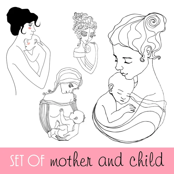 Σύνολο Εικονογραφημένα Μητέρα Και Παιδί — Φωτογραφία Αρχείου
