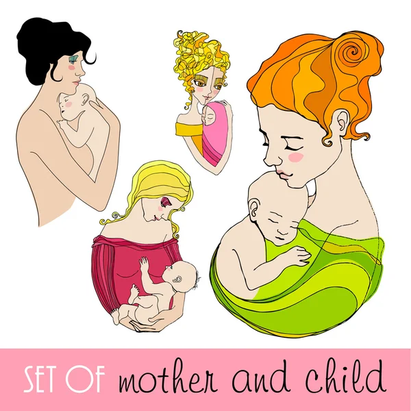Conjunto de 4 Madre e hijo ilustrados — Foto de Stock