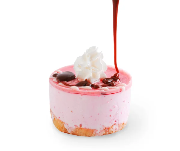 Bolo Queijo Rosa Com Creme Derramamento Chocolate Isolado Branco — Fotografia de Stock