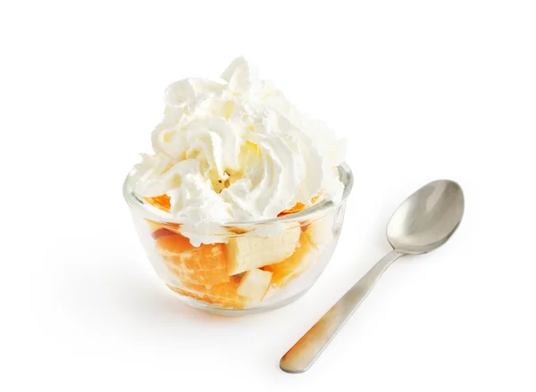 Fruit Salad Whipped Cream Glass Bowl Isolated White Clipping Path — Stock Photo, Image