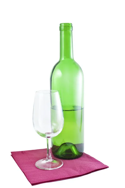 Bottle White Wine Empty Glass Serviette Isolated White — Stock Photo, Image