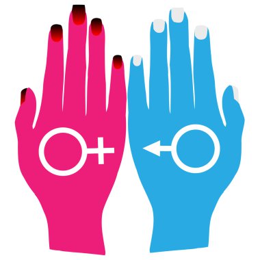 Hands holding male and female symbols.Vector clipart