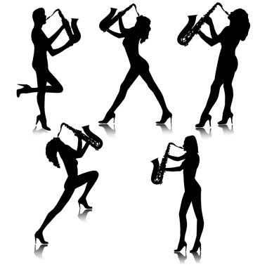 Girl with saxophone silhouettes.Vector clipart