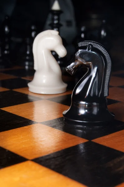 Detailfoto Der Schachpartie Schwarze Und Weiße Pferde — Stockfoto