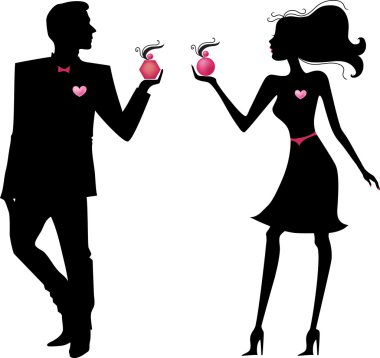 Silhouette of man and woman with parfums clipart