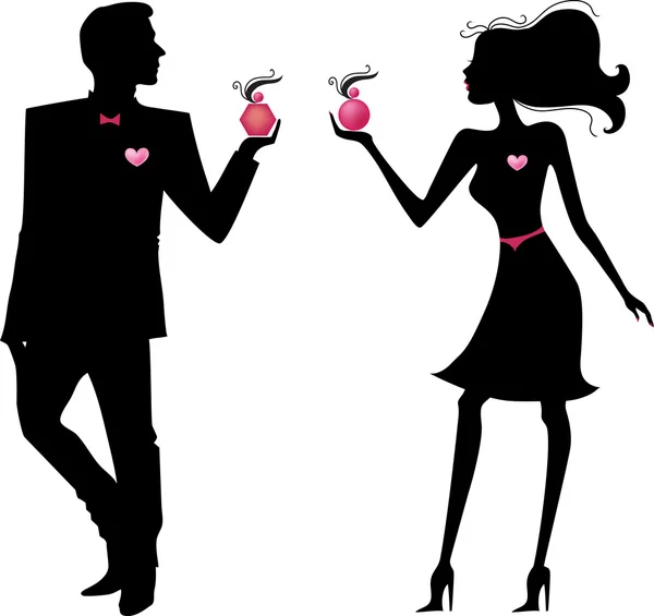 Silhouette of man and woman with parfums — Stock Vector