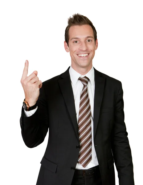 Geschäftsmann Mit Erhobenem Zeigefinger Isoliert Auf Weiß — Stockfoto