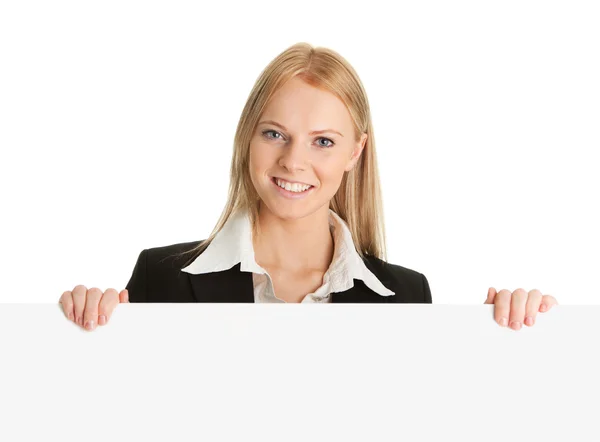 性格开朗的女企业家介绍空板 在白色隔离 — 图库照片