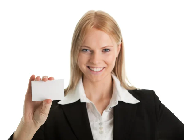 Businesswoman Holding Blank Card Isolated White — Stock Photo, Image