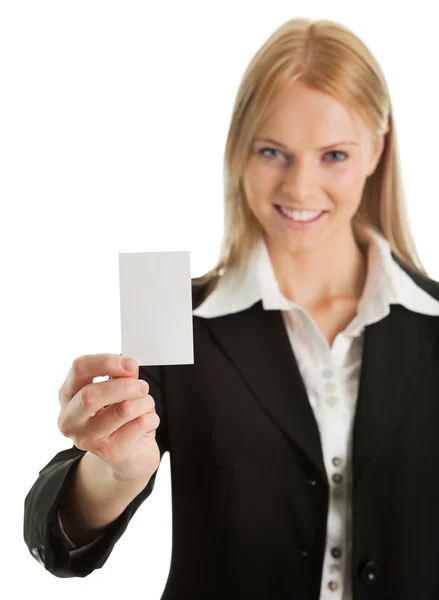 Mulher Negócios Com Cartão Branco Isolado Branco — Fotografia de Stock