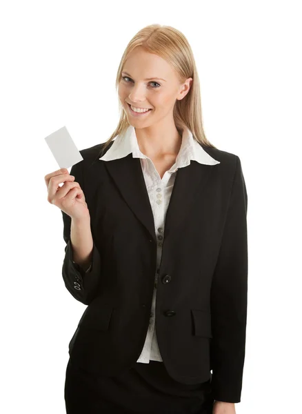 Mulher Negócios Com Cartão Branco Isolado Branco — Fotografia de Stock