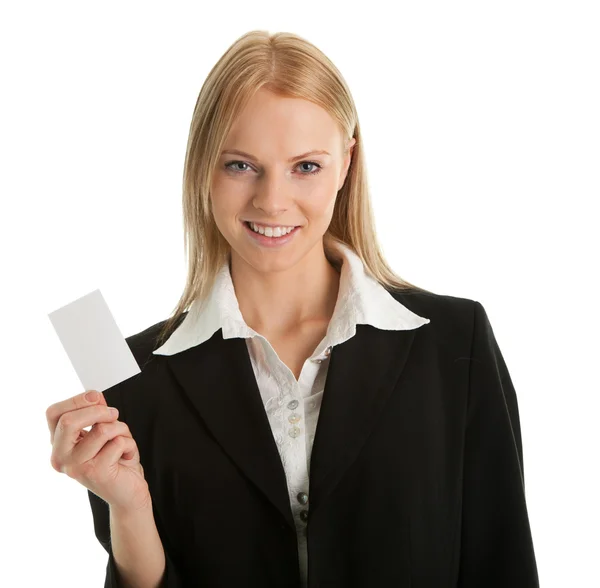 İş kadını elinde boş bir kart tutuyor — Stok fotoğraf