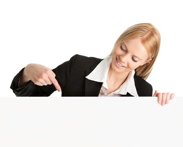 Cheerful Businesswomen Presenting Empty Board Isolated White — Stock Photo, Image
