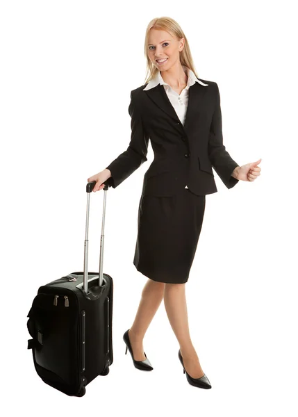 性格开朗的女企业家与旅行袋 在白色 Isoalted — 图库照片