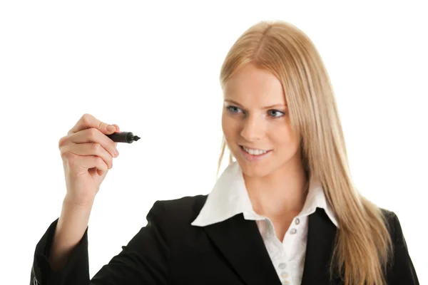 Mulher Negócios Que Mora Esboço Usando Marcador Isolado Branco — Fotografia de Stock