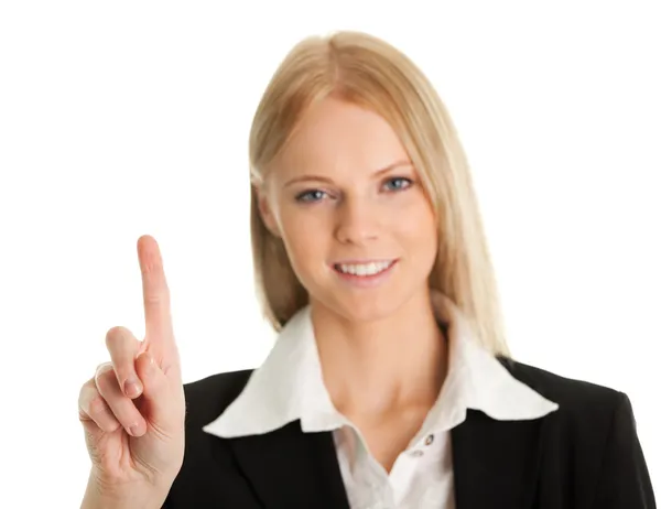 Uma Mulher Negócios Tocar Ecrã Com Dedo Isolado Branco — Fotografia de Stock