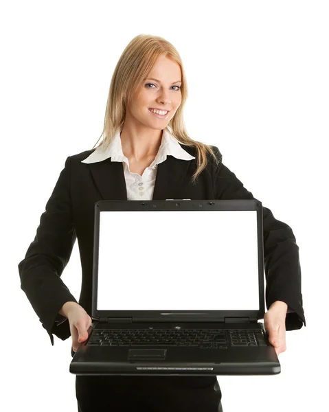Business woman presenting laptopn — Stock Photo, Image