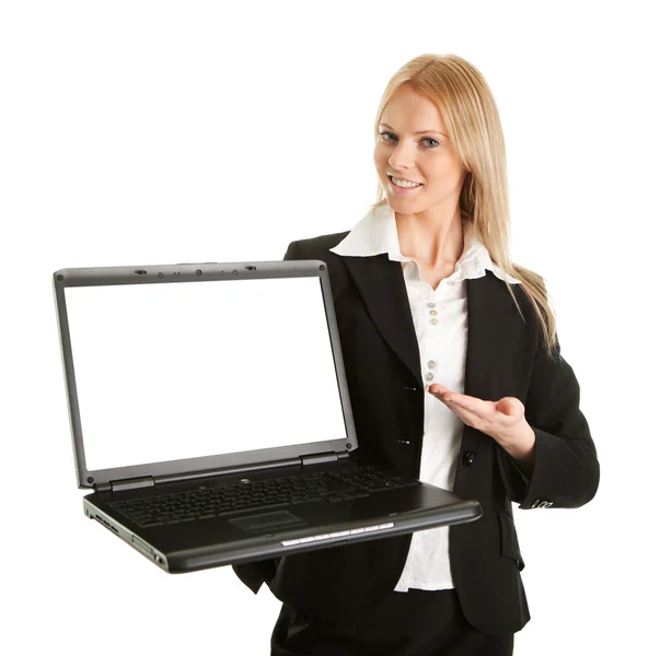 Παρουσίαση Laptopn Γυναίκα Των Επιχειρήσεων Απομονωθεί Λευκό — Φωτογραφία Αρχείου