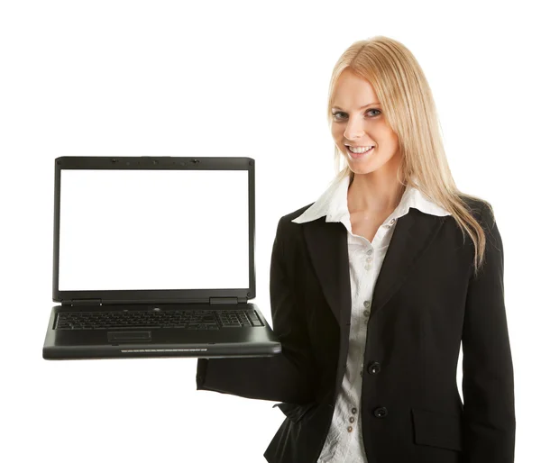 Affärskvinna som presenterar laptopn — Stockfoto