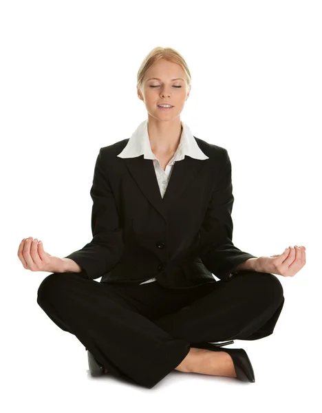 Affärskvinna Som Sitter Lotus Blomma Ställning Yoga Isolerad Vit — Stockfoto