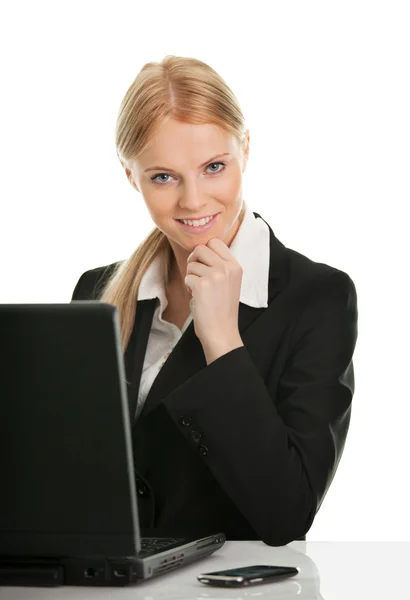 Schöne Geschäftsfrau Die Laptop Arbeitet Isoliert Auf Weiß — Stockfoto