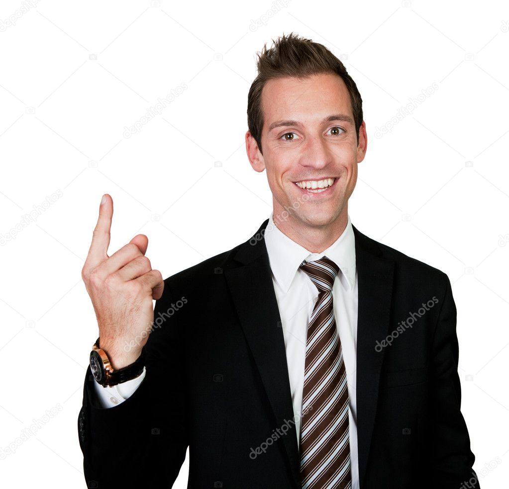 Businessman with finger pointing up. Isolated on white