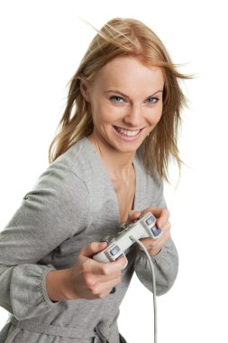 Beautilful young woman playing videogames clipart
