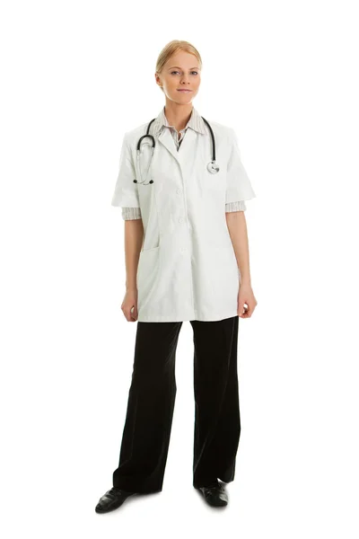 Médico Sorridente Mulher Com Estetoscópio Isolado Branco — Fotografia de Stock