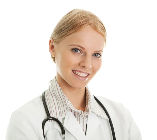 Médico Sonriente Mujer Con Estetoscopio Aislado Sobre Blanco — Foto de Stock