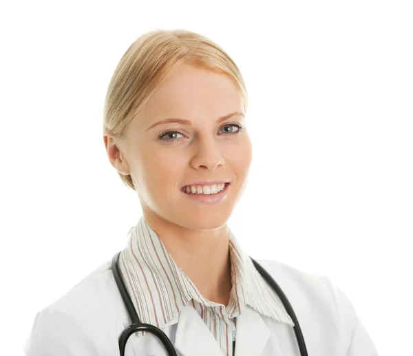 Médico Sorridente Mulher Com Estetoscópio Isolado Branco — Fotografia de Stock