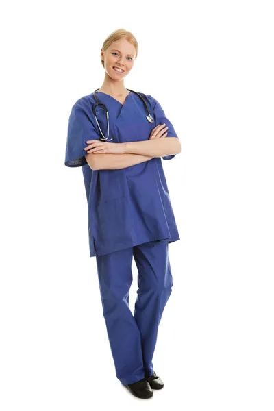 Enfermeira Sorridente Com Estetoscópio Isolado Branco — Fotografia de Stock