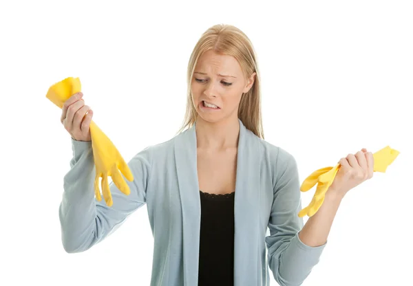Frustrated woman in despair before cleaning — Stock Photo, Image