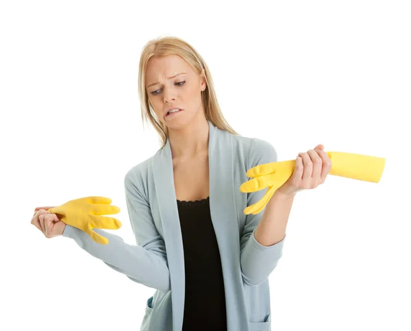 Mujer Frustrada Desesperación Antes Limpiar Aislado Sobre Blanco — Foto de Stock