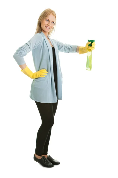 Cheerful young lady spraying cleaner liquid — Stock Photo, Image