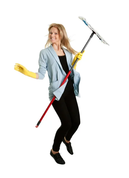 Excited Woman Having Fun While Cleaning Isolated White — Stock Photo, Image