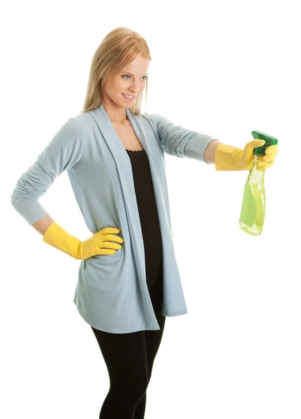 Cheerful Young Lady Spraying Cleaner Liquid Isolated White — Stock Photo, Image