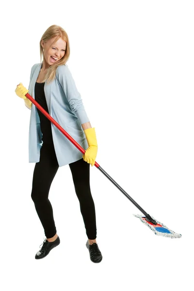 Cheerful woman having fun while cleaning — Stock Photo, Image