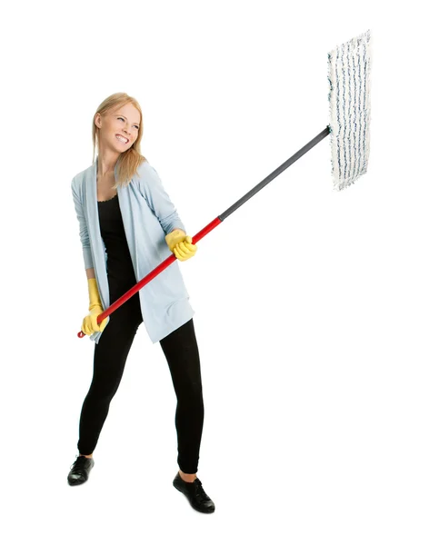 Cheerful Woman Having Fun While Cleaning Isolated White — Stock Photo, Image